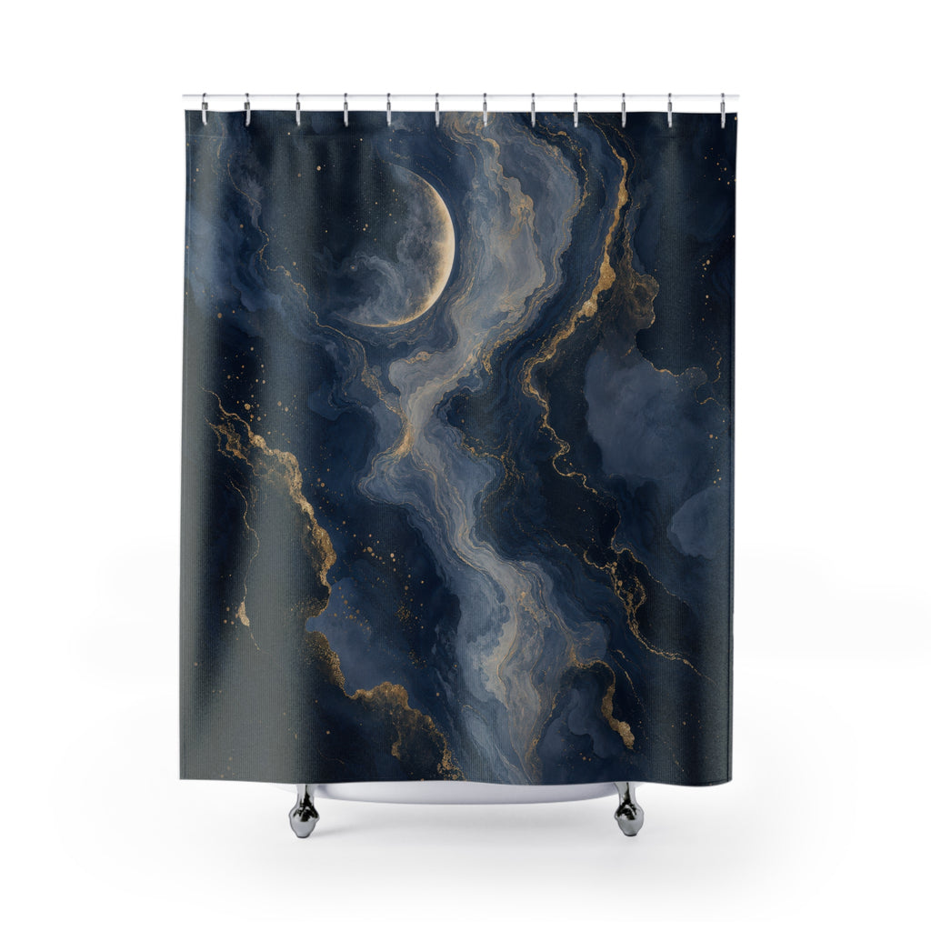 Navy Crescent Moon Marbled Shower Curtain
