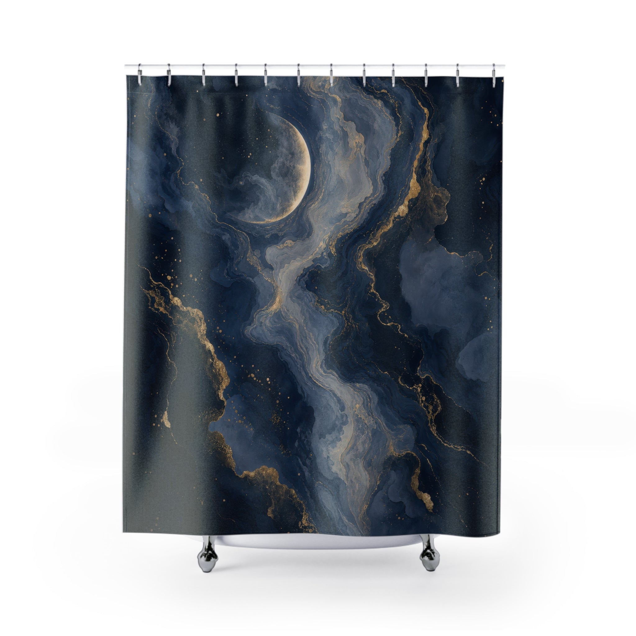 Navy Crescent Moon Marbled Shower Curtain