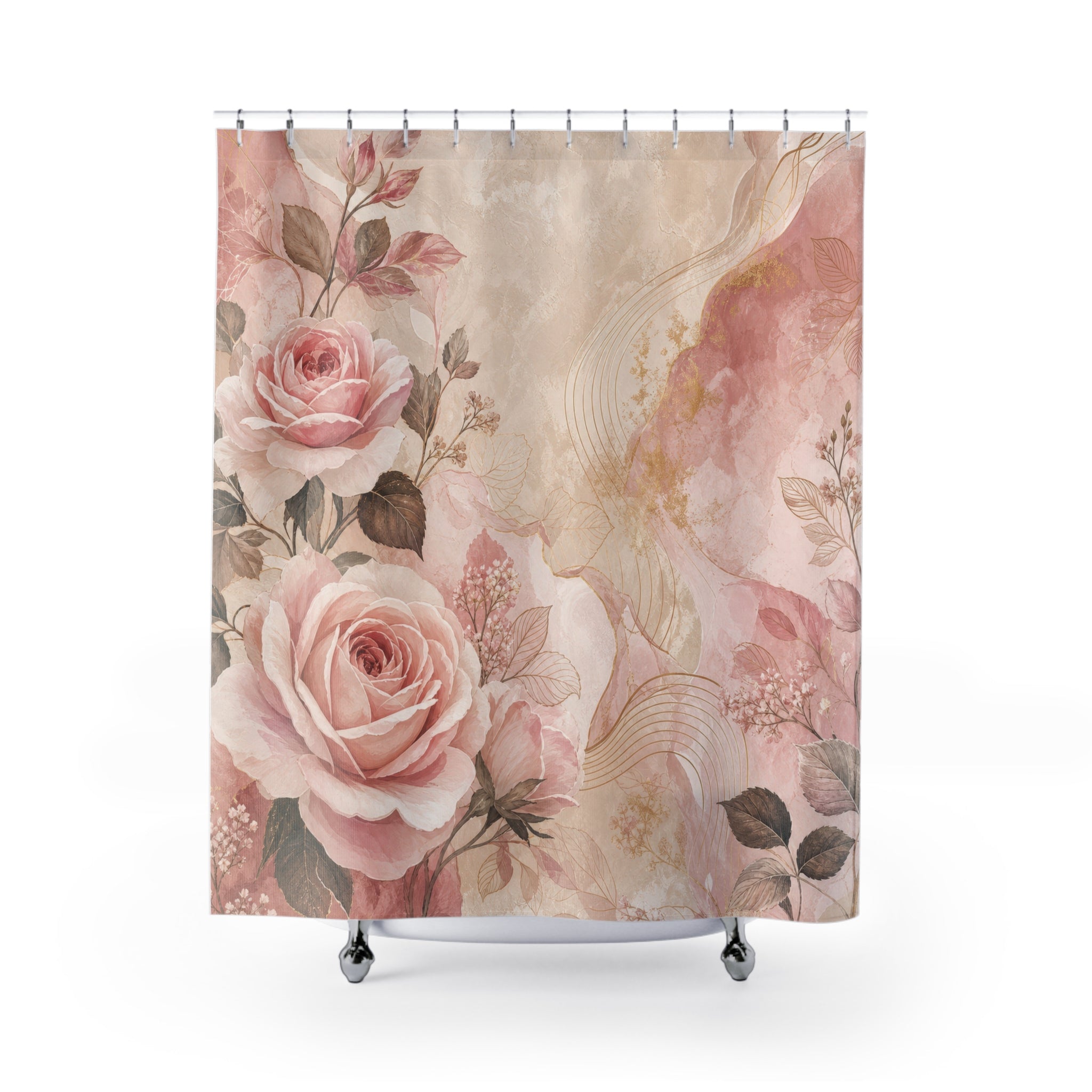Pink and Beige Shower Curtain: Rose Floral Marble