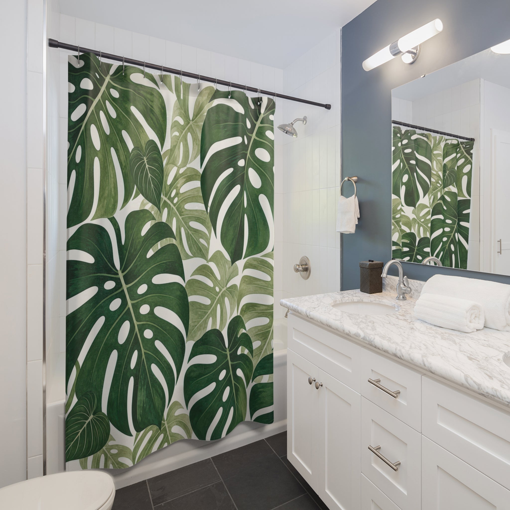 Dark Green White Monstera Leaf Shower Curtain