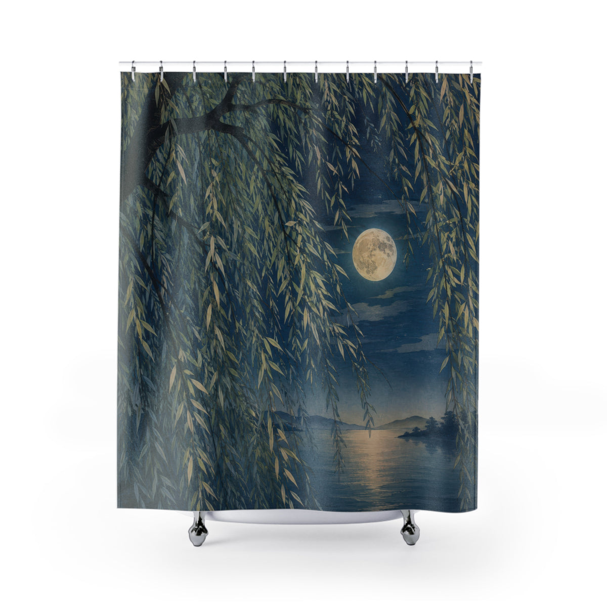 Moonlit weeping willow and lake shower curtain with full front view