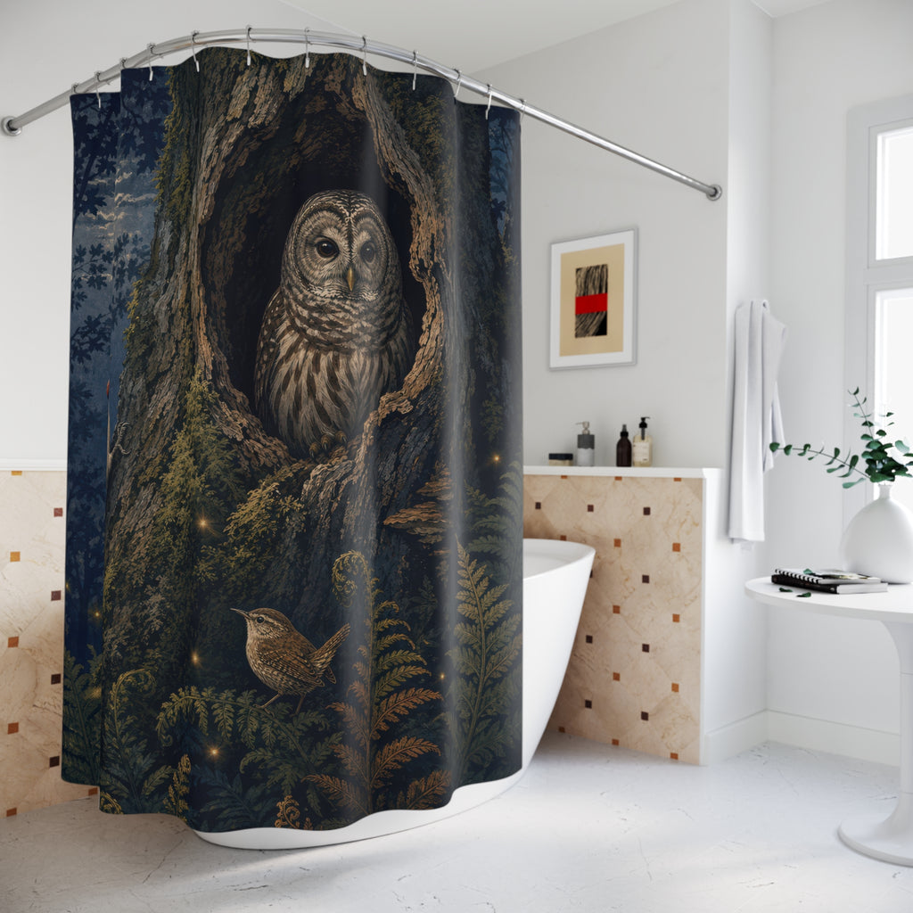 Barred owl woodpecker and wren at an oak hollow shower curtain beside a freestanding tub