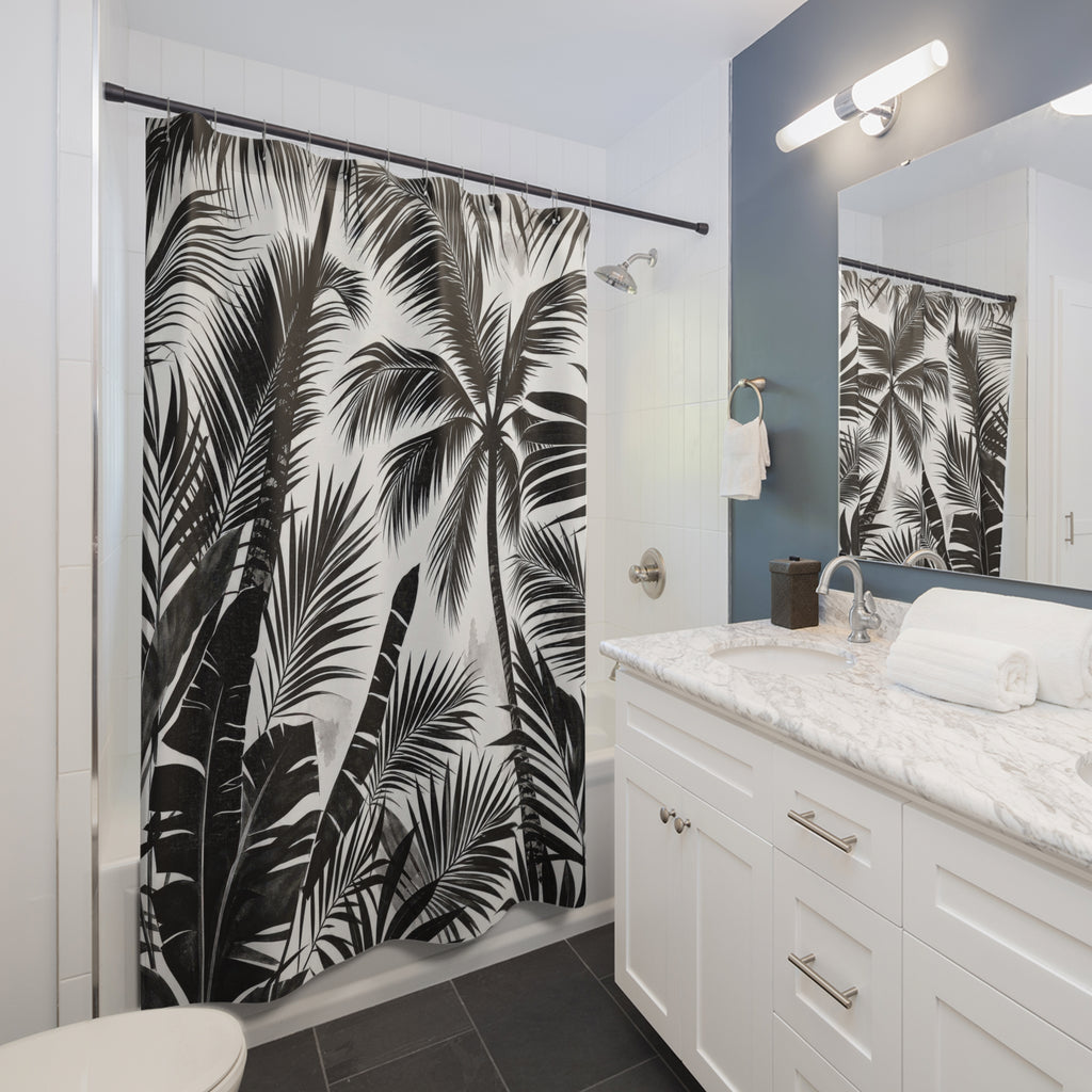 Black White Tropical Tree Shower Curtain