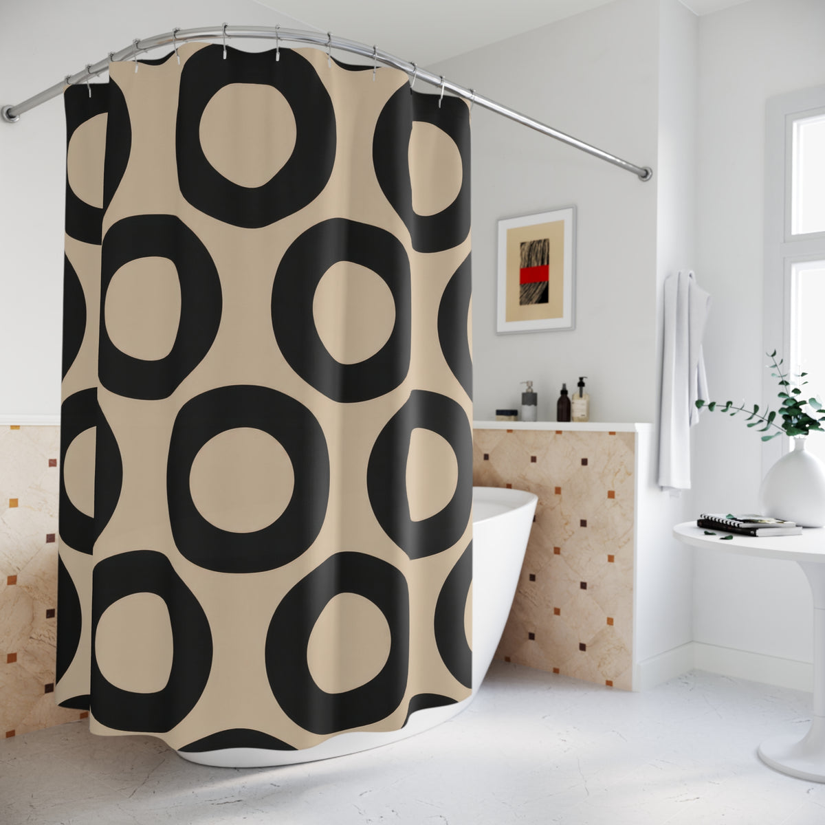 Beige and black open circles shower curtain beside a freestanding tub
