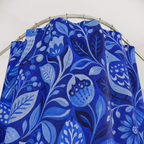 Blue Folk Bird Shower Curtain
