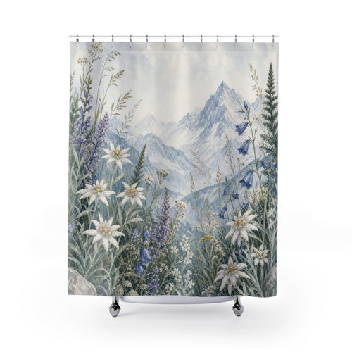 Alpine Wildflower Landscape mountain pattern shower curtain with full front view