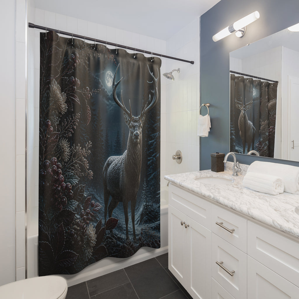 Stag in burgundy frosted forest shower curtain beside a white vanity