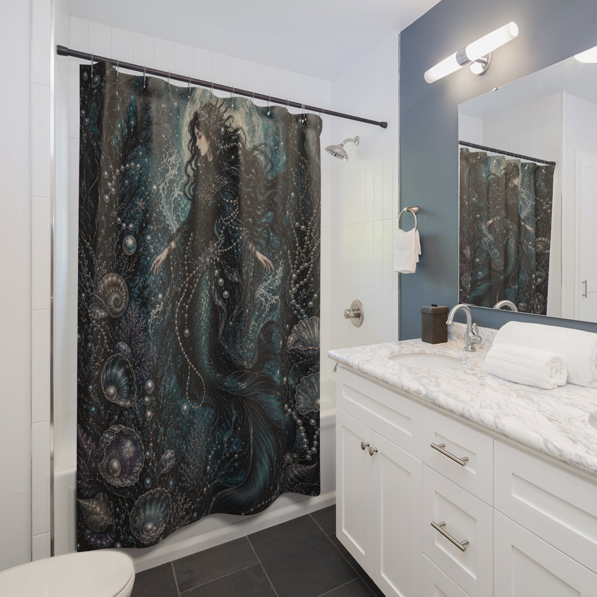 Black Mermaid Moon Ocean Shower Curtain