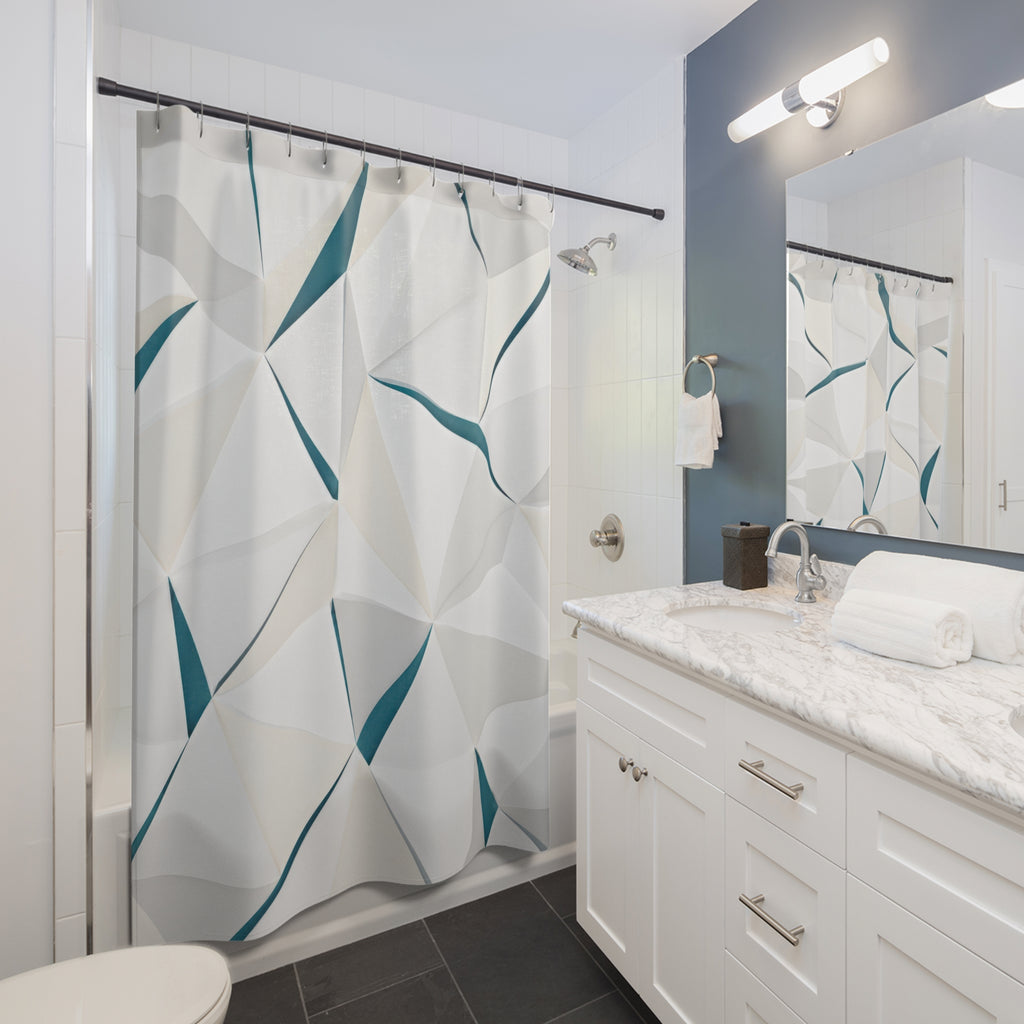 White triangular prism lattice divided by narrow teal seams shower curtain beside a white vanity