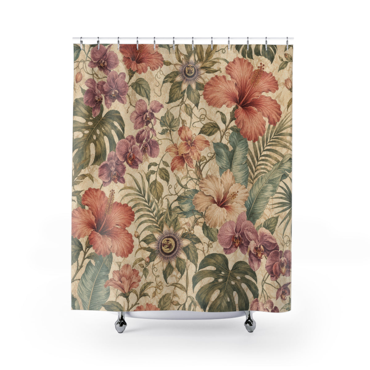 Vintage Hibiscus Botanical tropical floral shower curtain with full front view