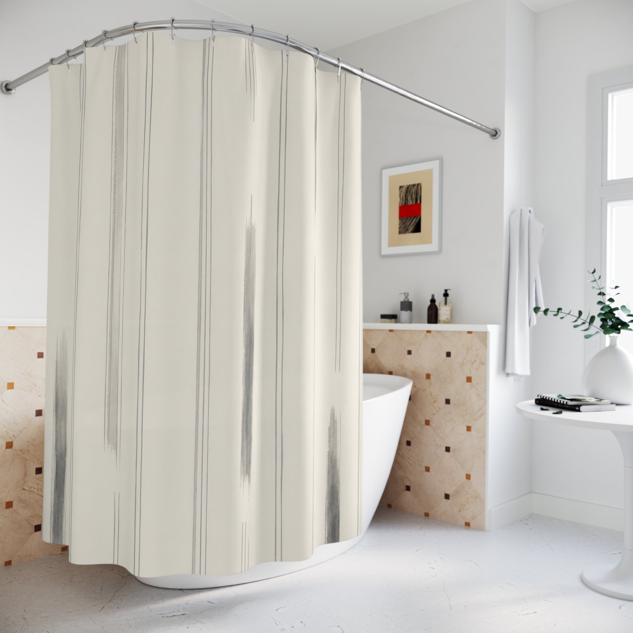 Minimal Grey Stripe Shower Curtain, Ivory Grey Classic Bathroom Decor, Modern Stripe Bath Curtain, Guest Bath Decor, Small Bathroom Decor