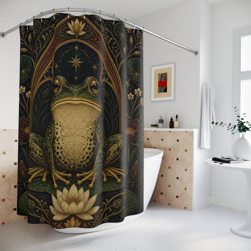Regal frog framed by gothic lotus flowers shower curtain beside a freestanding tub
