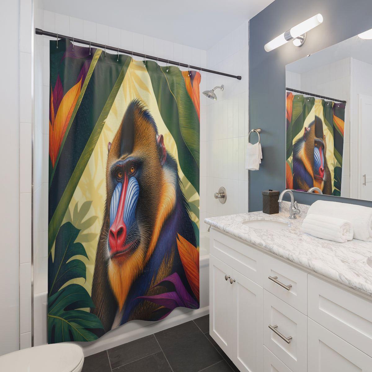 Colorful mandrill animal portrait framed by tropical leaves shower curtain beside a white vanity