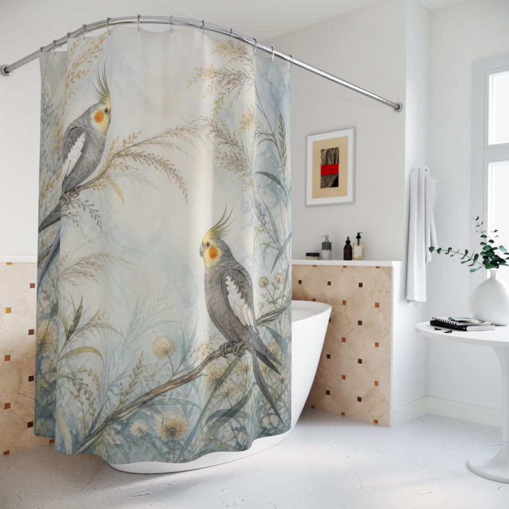 Two grey cockatiels in misty blue and gold meadow grasses shower curtain styled beside a freestanding tub