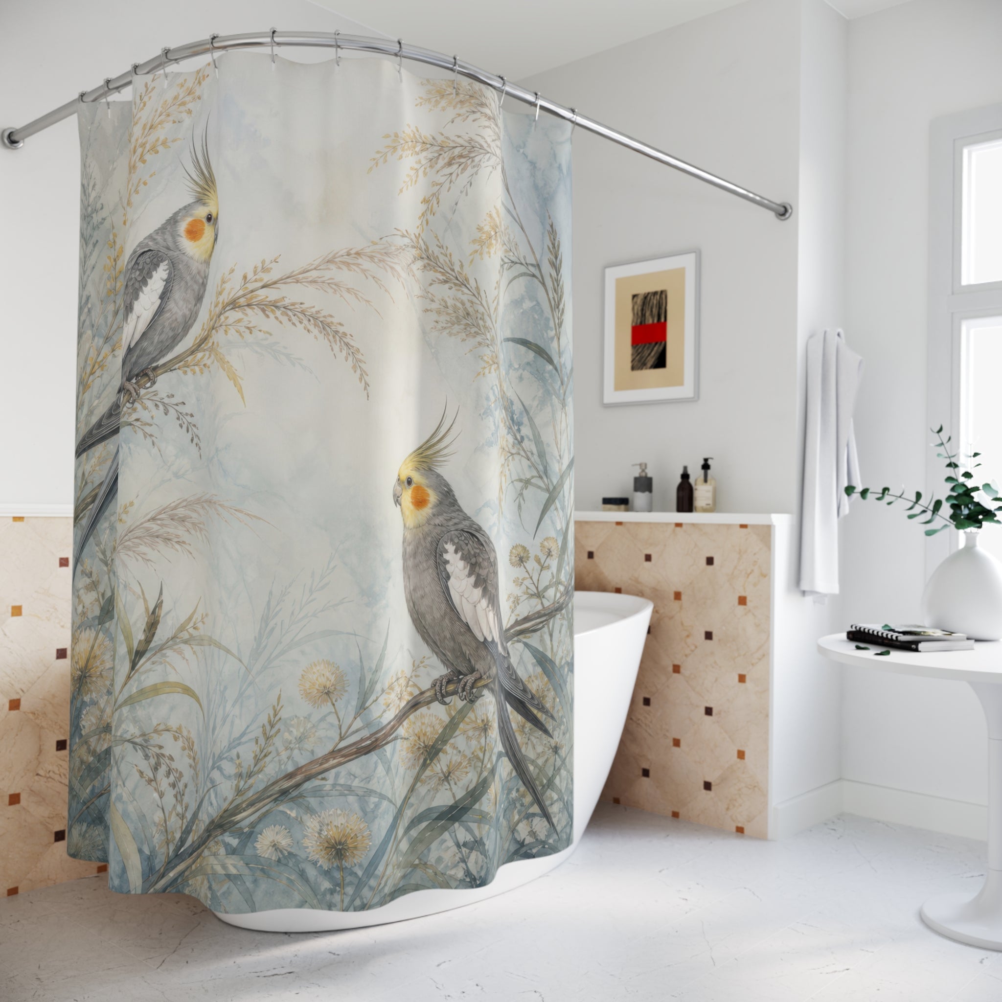 Two grey cockatiels in misty blue and gold meadow grasses shower curtain styled beside a freestanding tub