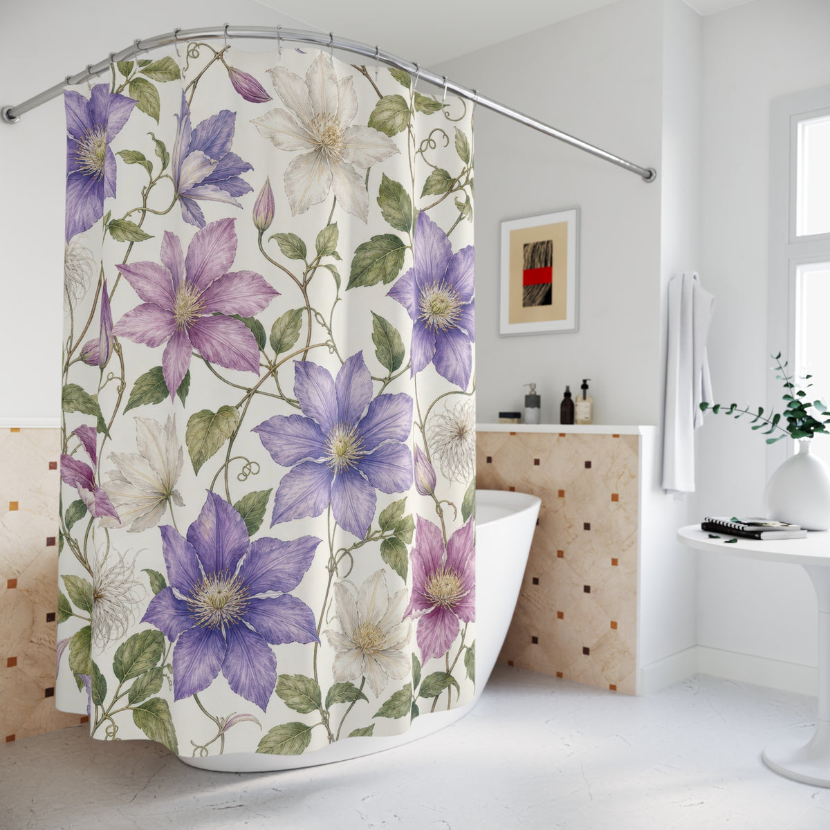 Clematis Vine Botanical purple floral shower curtain beside a freestanding tub