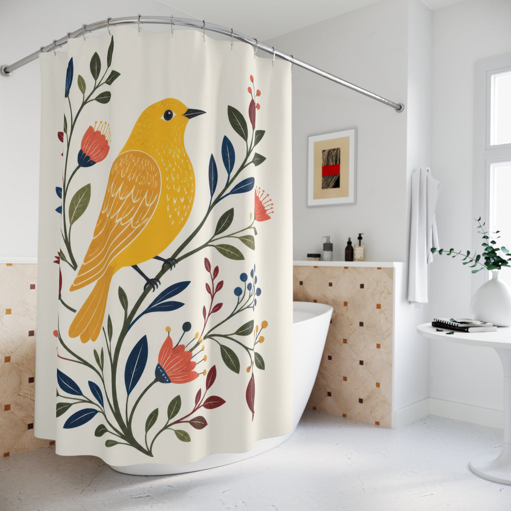 Golden yellow folk bird with colorful botanicals shower curtain beside a freestanding tub