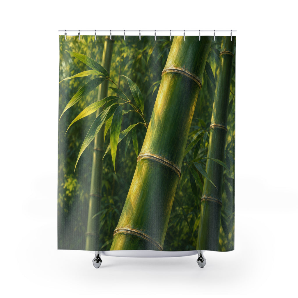 Sunlit jade bamboo stalk with green leaves shower curtain with full front view