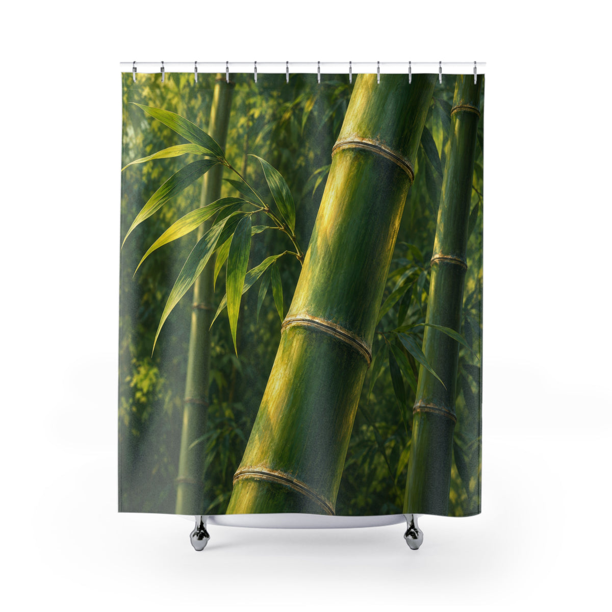 Sunlit jade bamboo stalk with green leaves shower curtain with full front view