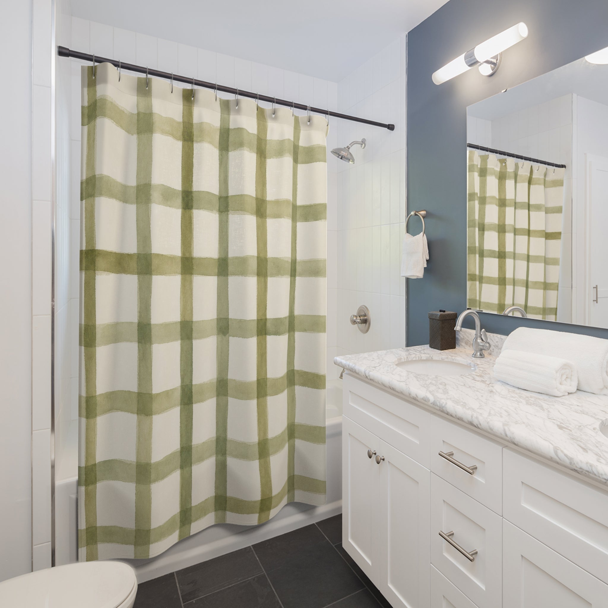 Olive Watercolor Grid Shower Curtain