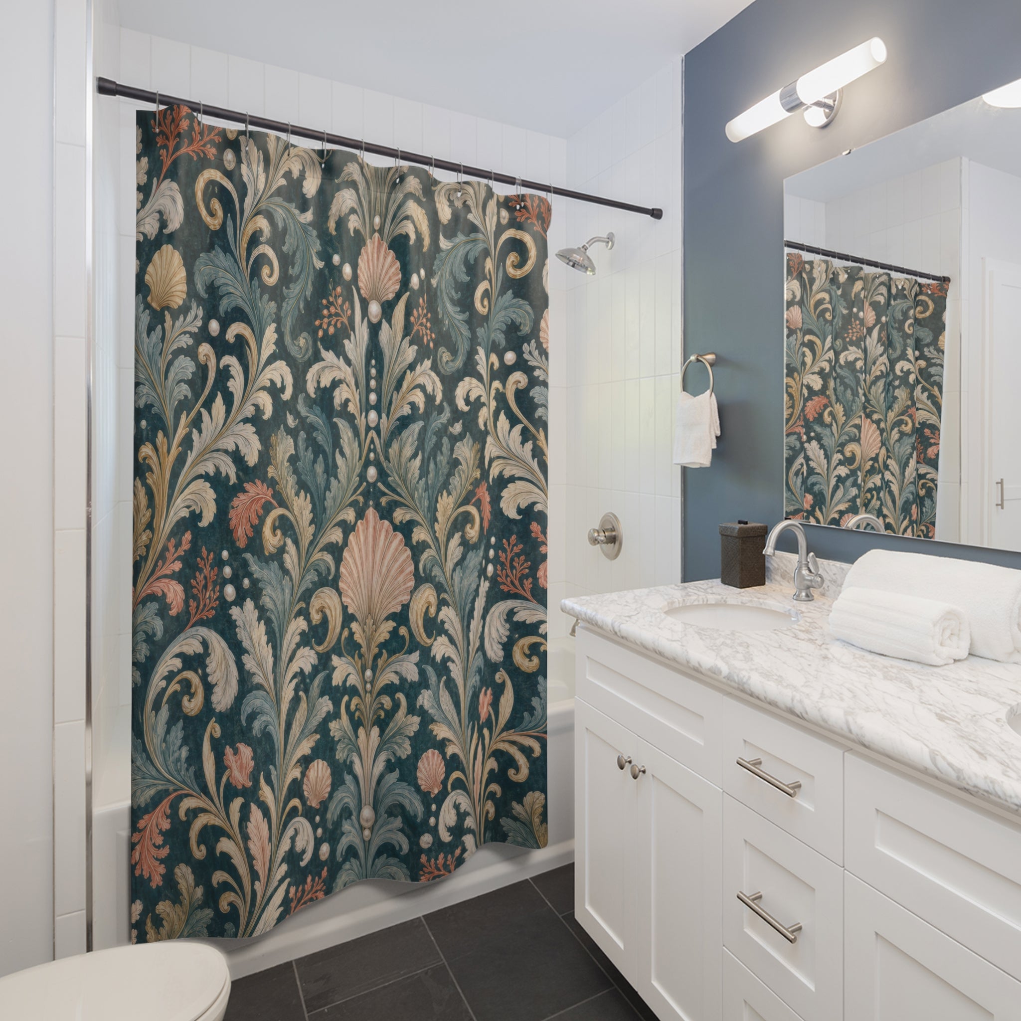 Teal Damask Floral Shower Curtain