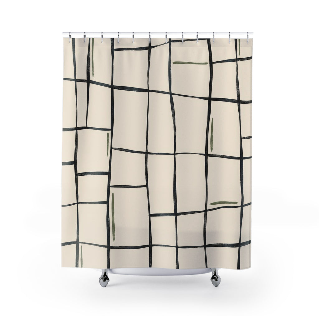 Charcoal irregular grid with sage strokes on ivory shower curtain with full front view