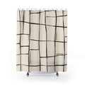 Charcoal irregular grid with sage strokes on ivory shower curtain with full front view