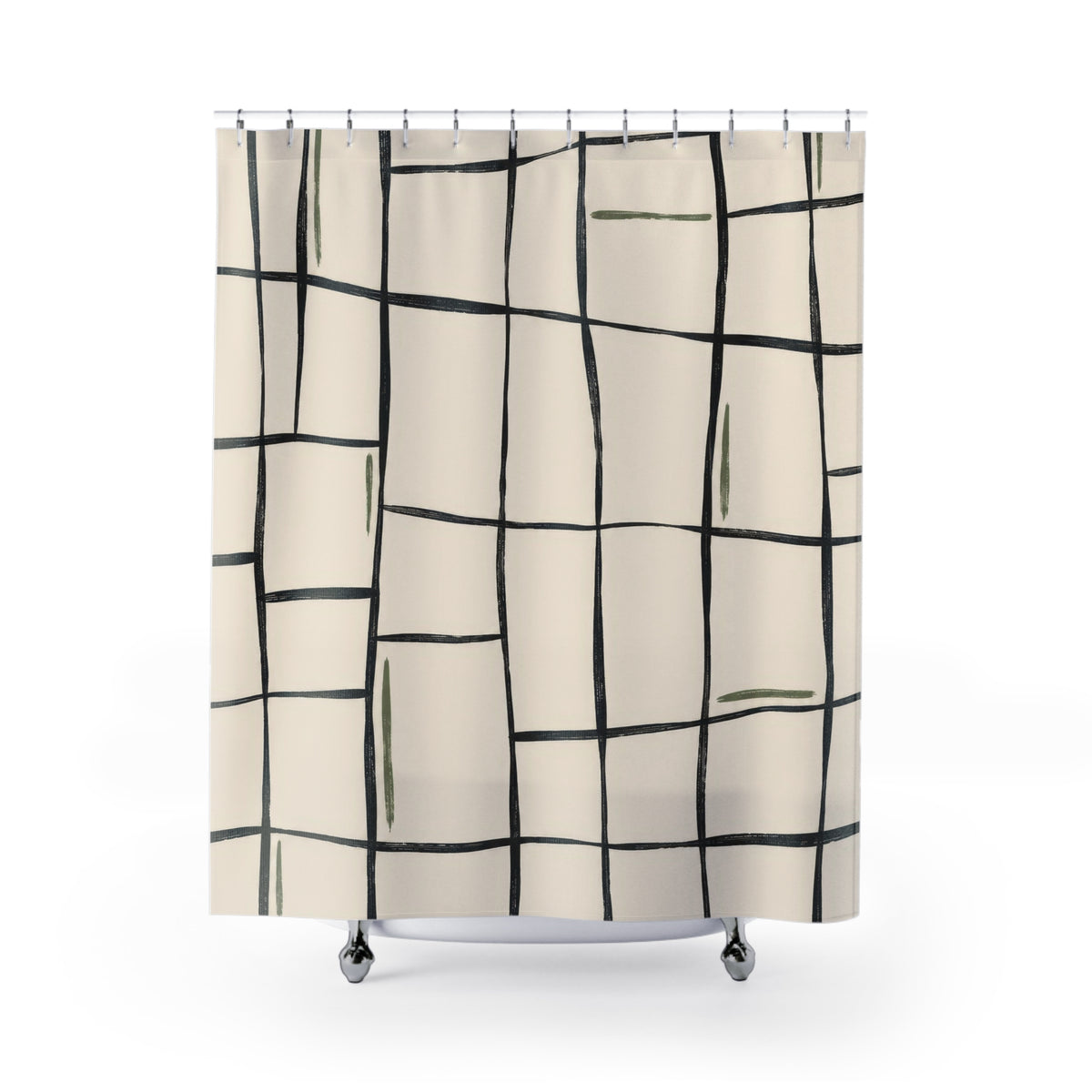 Charcoal irregular grid with sage strokes on ivory shower curtain with full front view
