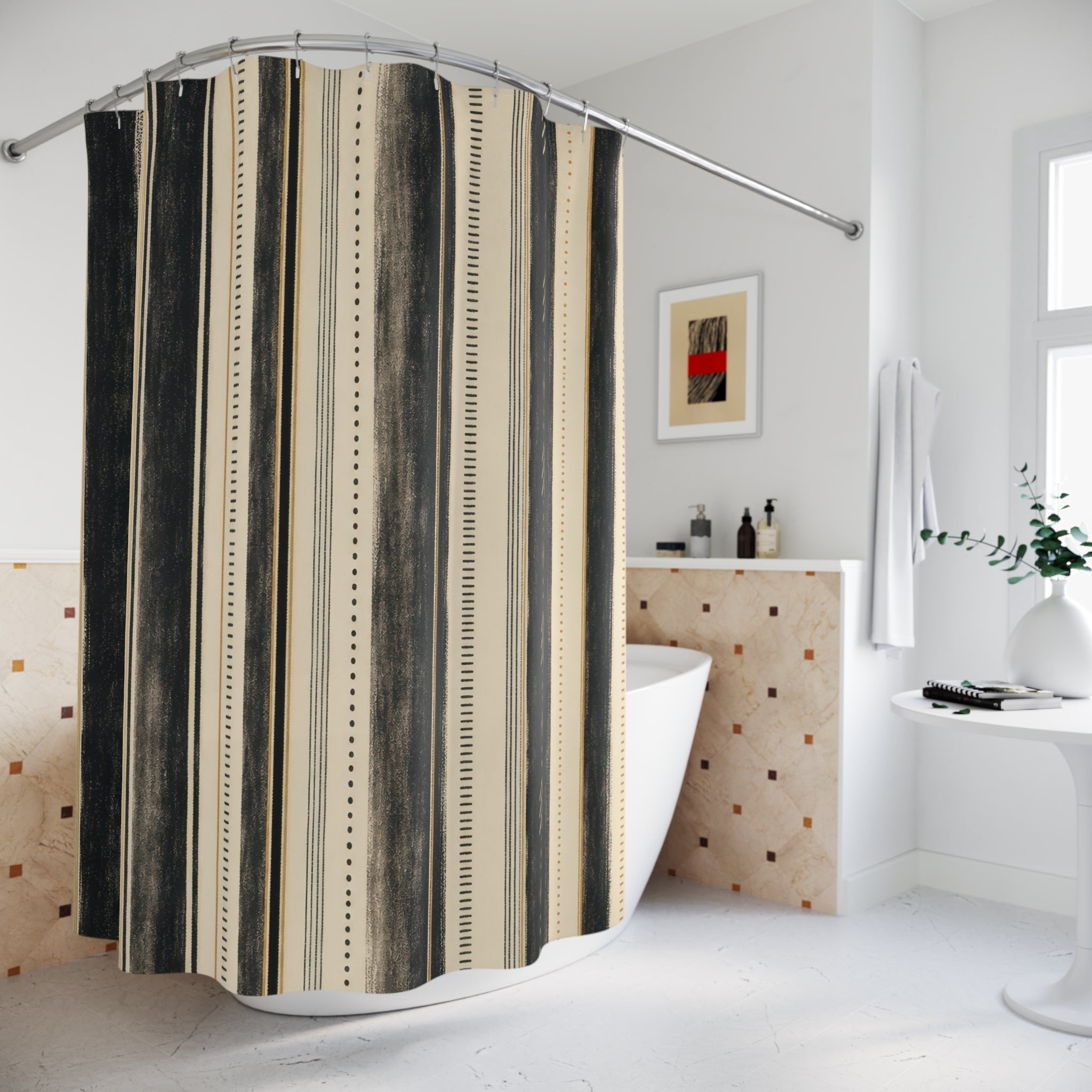 Beige Ivory Dotted Stripe Shower Curtain
