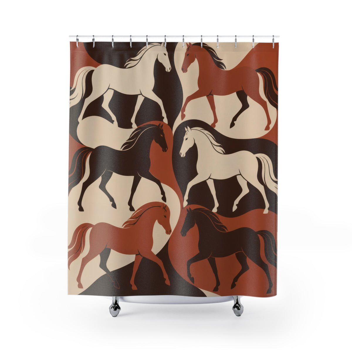 Cream, terracotta and brown interlocking horse silhouettes shower curtain with full front view