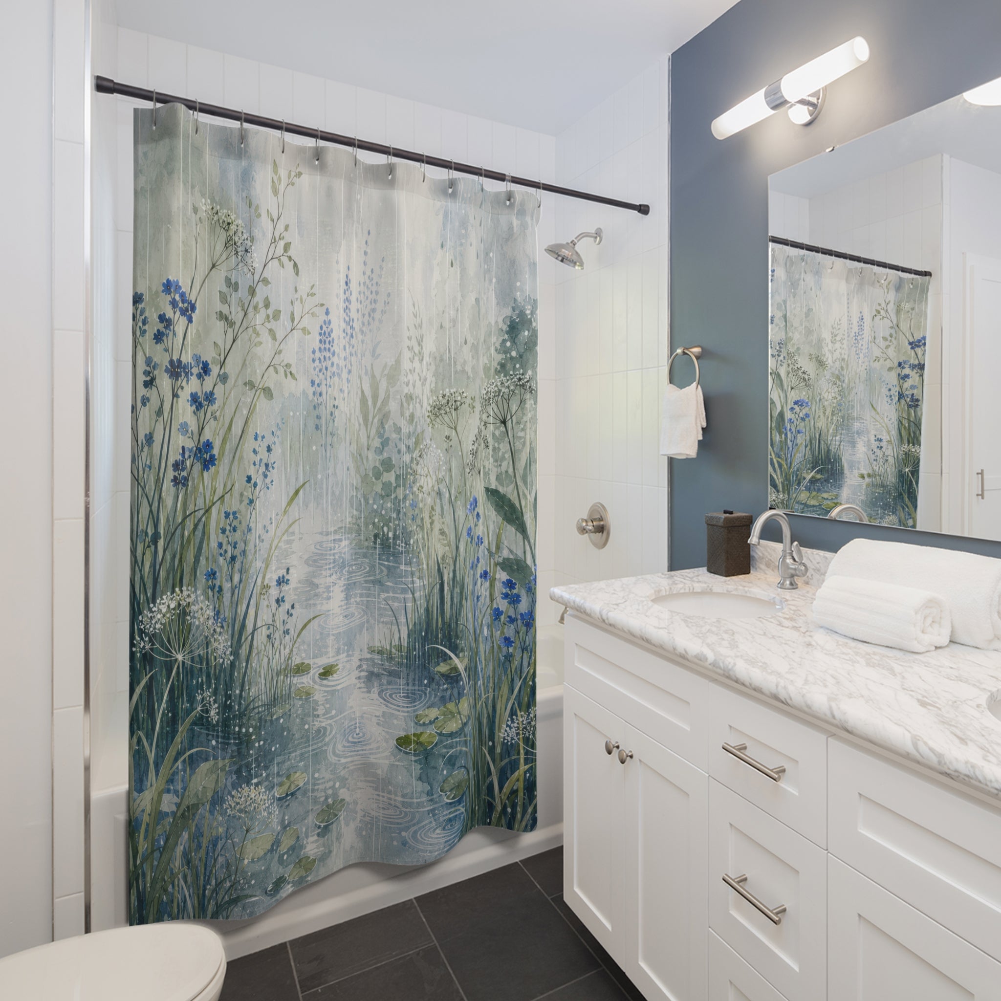 Blue Pond Reed Watercolor Shower Curtain