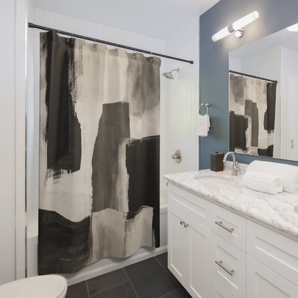 Black Gray charcoal abstract block shower curtain beside a white vanity