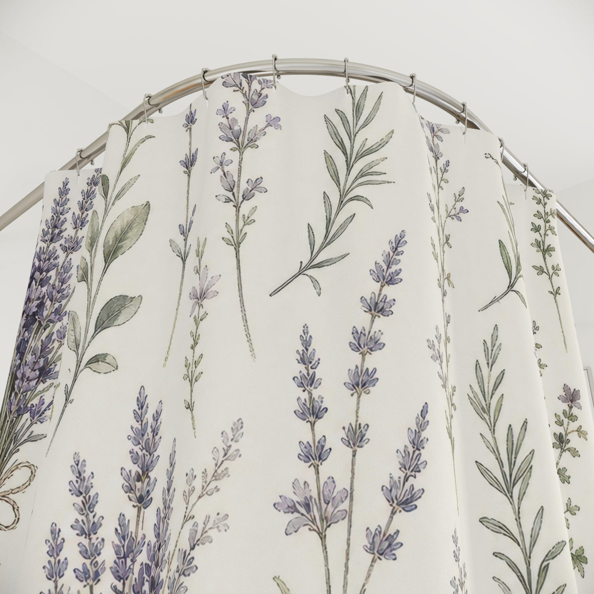 Purple Herb Botanical lavender pattern shower curtain with close-up print, hooks, and folds