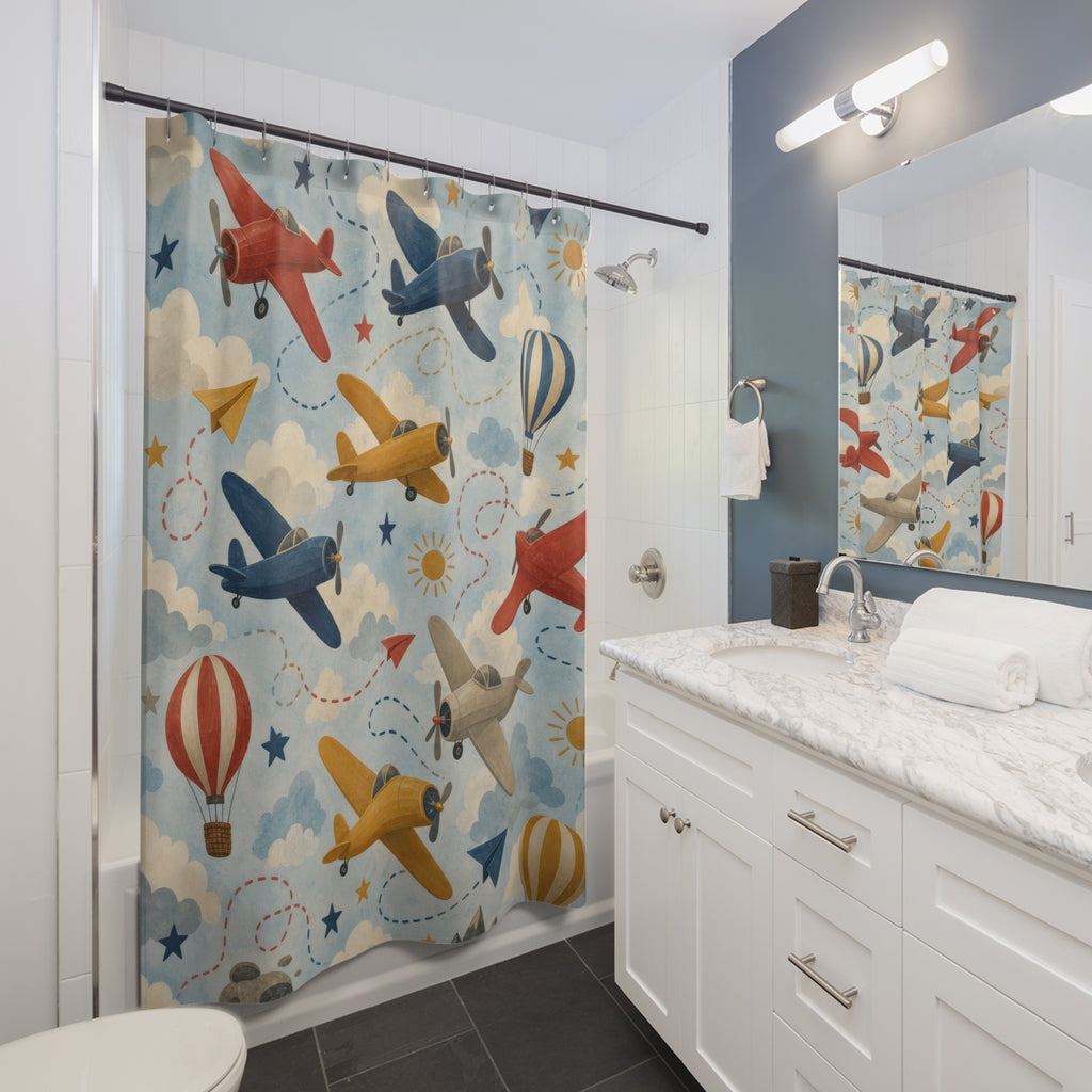 Airplane Shower Curtain, Sky Blue Kids Bathroom Decor, Plane Pattern Bath Curtain, Boys Bathroom Decor, Travel Theme, Bath Decor, Guest Bath