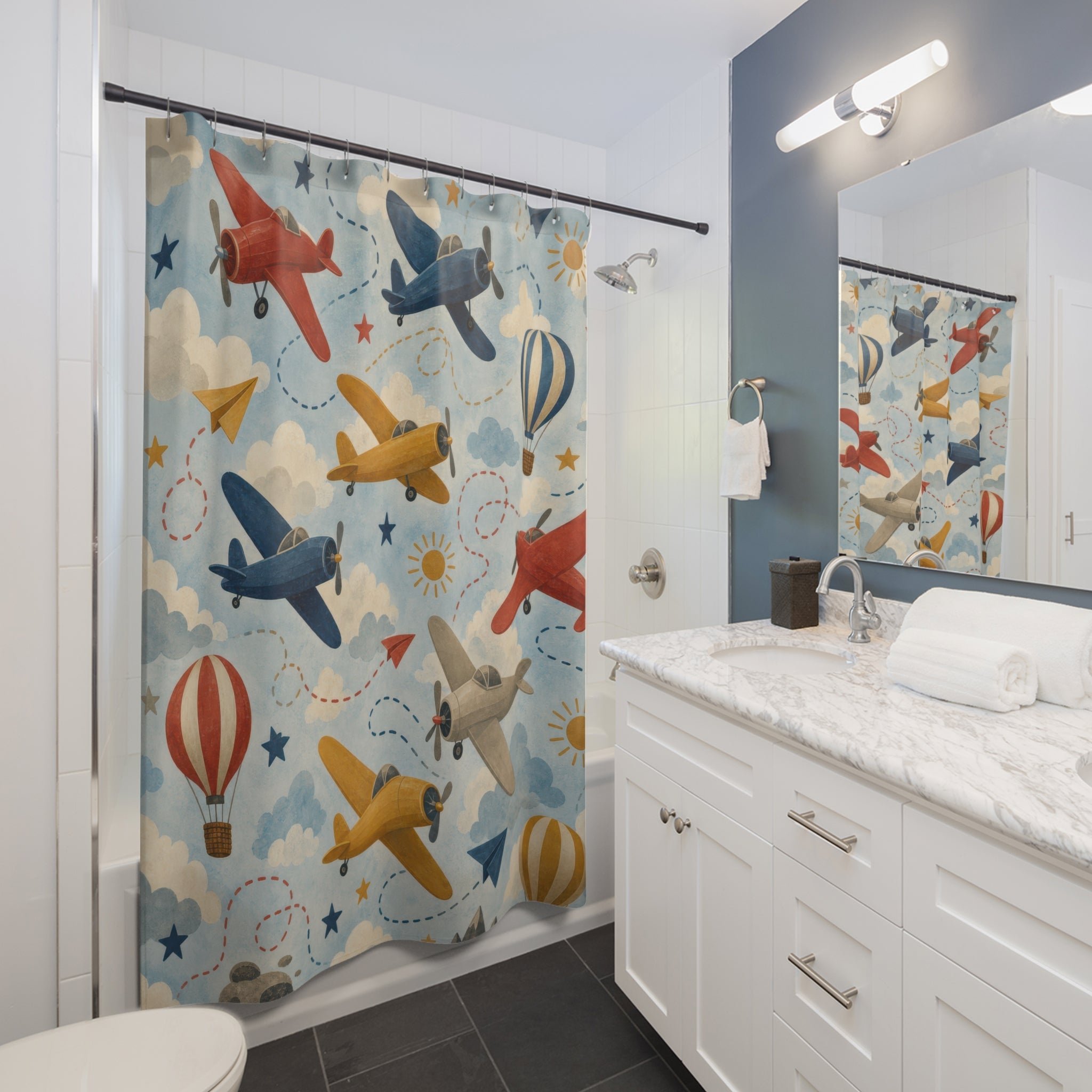 Airplane Shower Curtain, Sky Blue Kids Bathroom Decor, Plane Pattern Bath Curtain, Boys Bathroom Decor, Travel Theme, Bath Decor, Guest Bath
