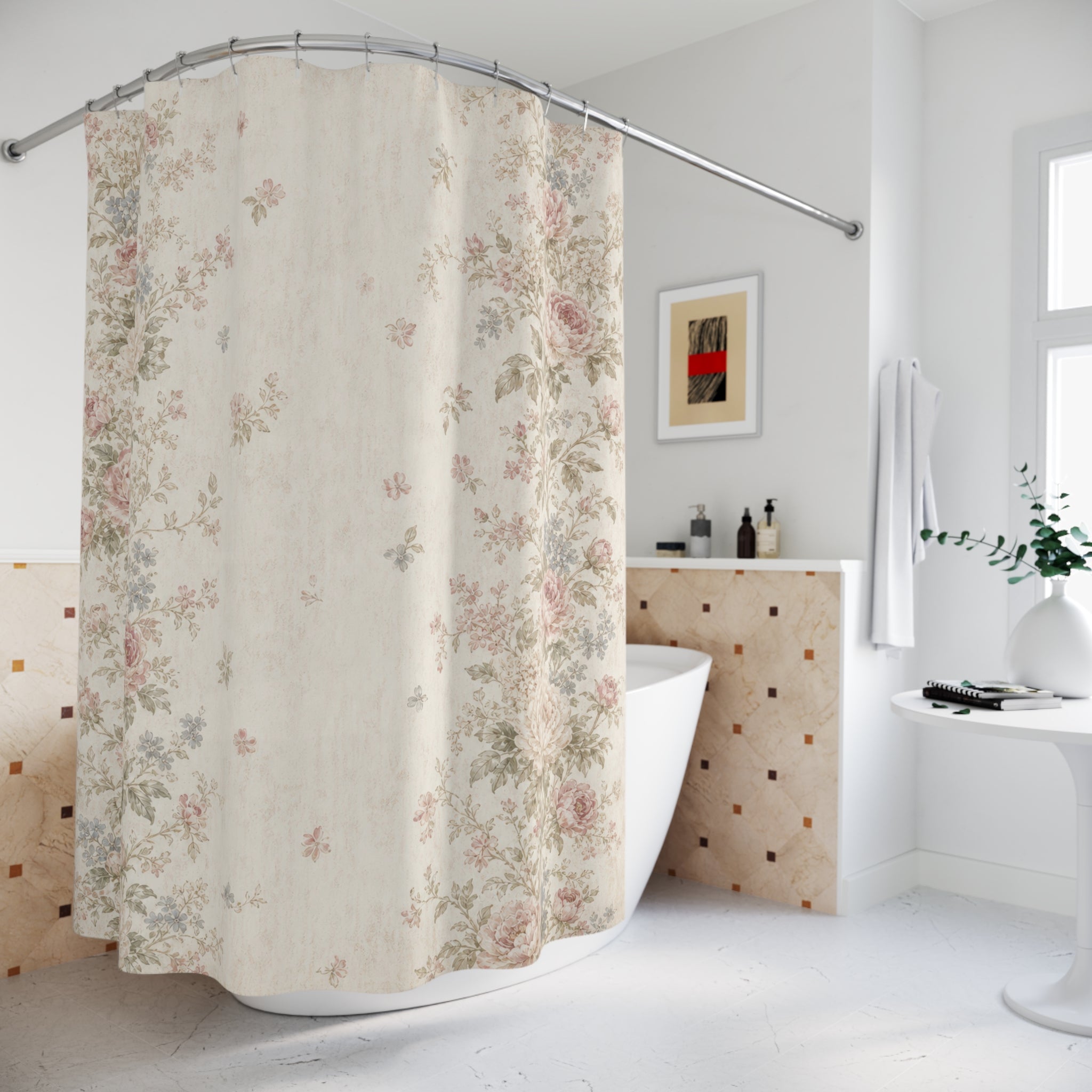 Pink Floral Border Shower Curtain