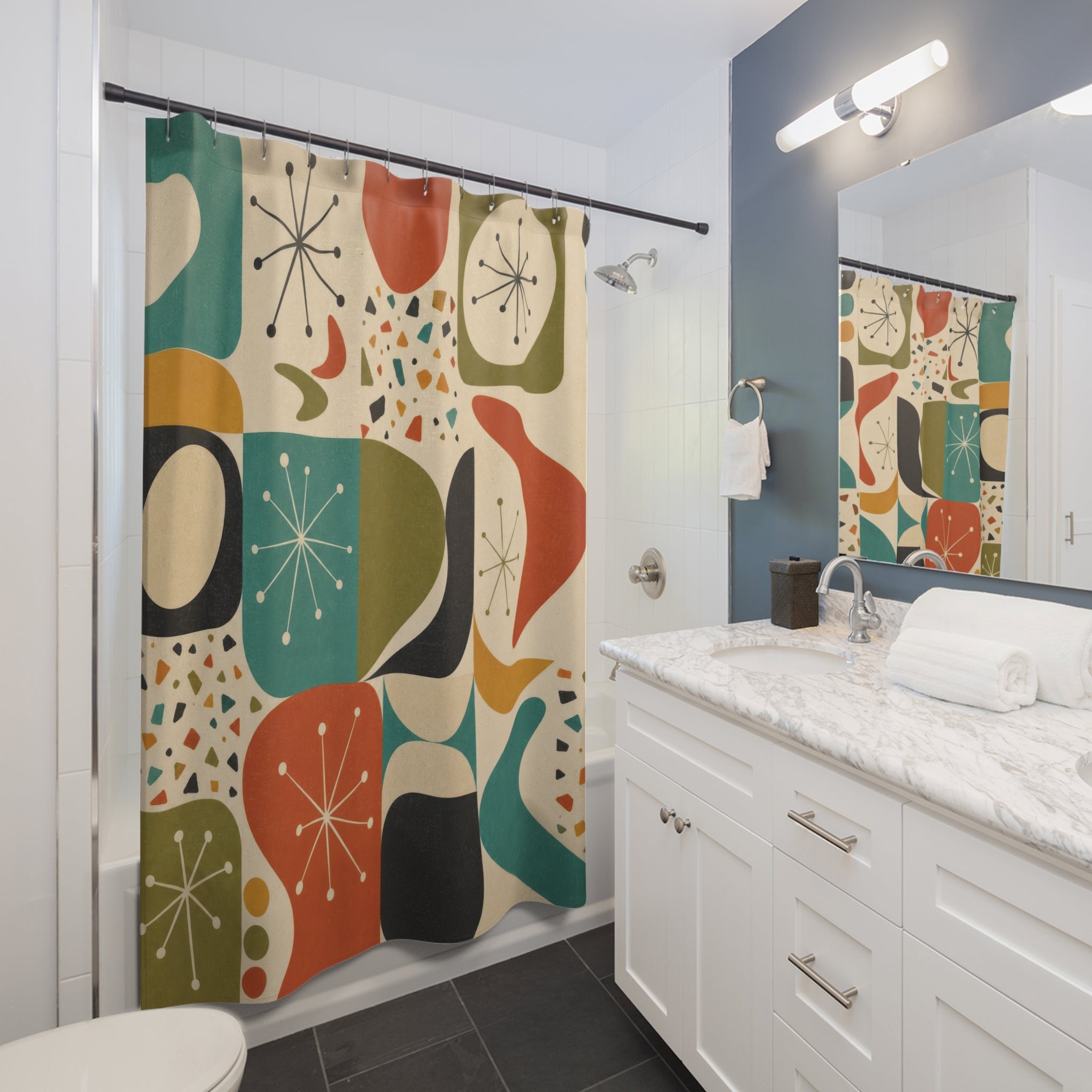 Mid Century Modern Shower Curtain: Retro Geometric Orange