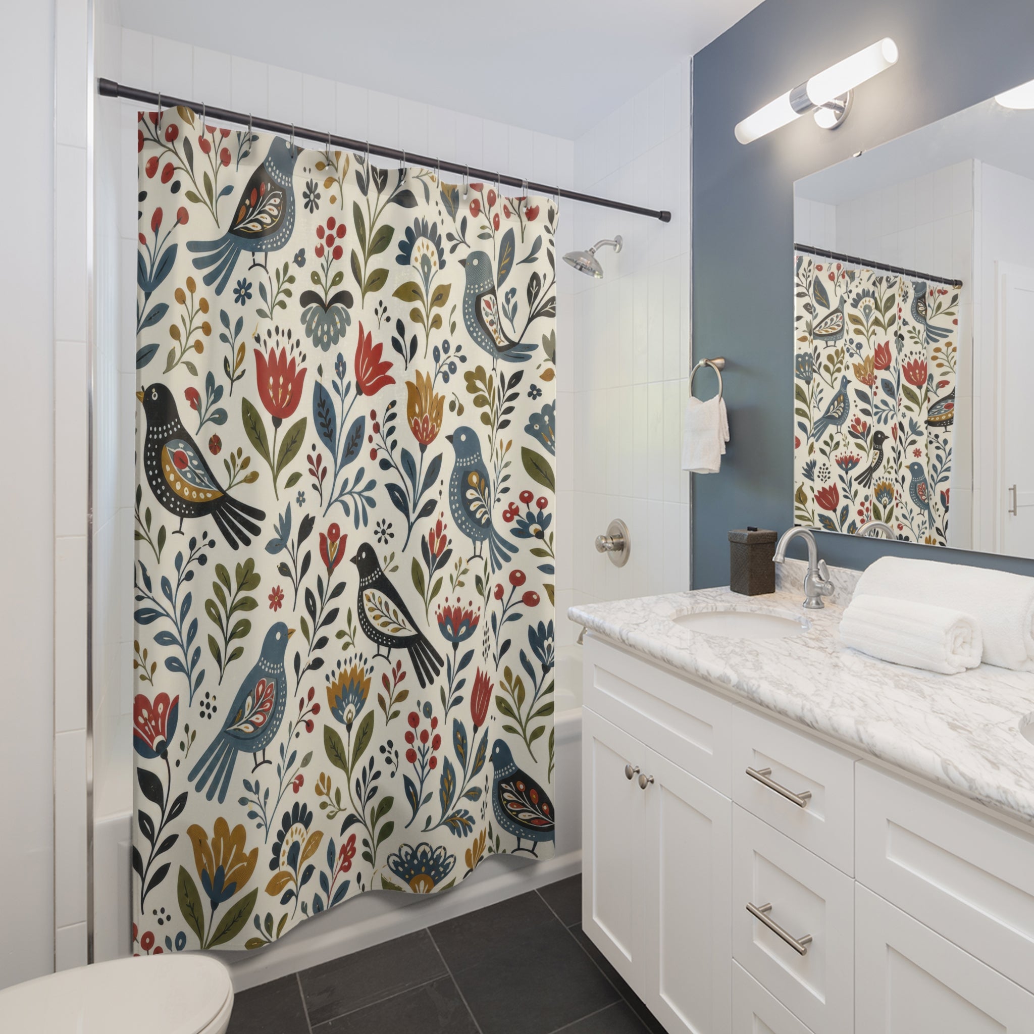 Bird Floral Garden Folk Art Shower Curtain