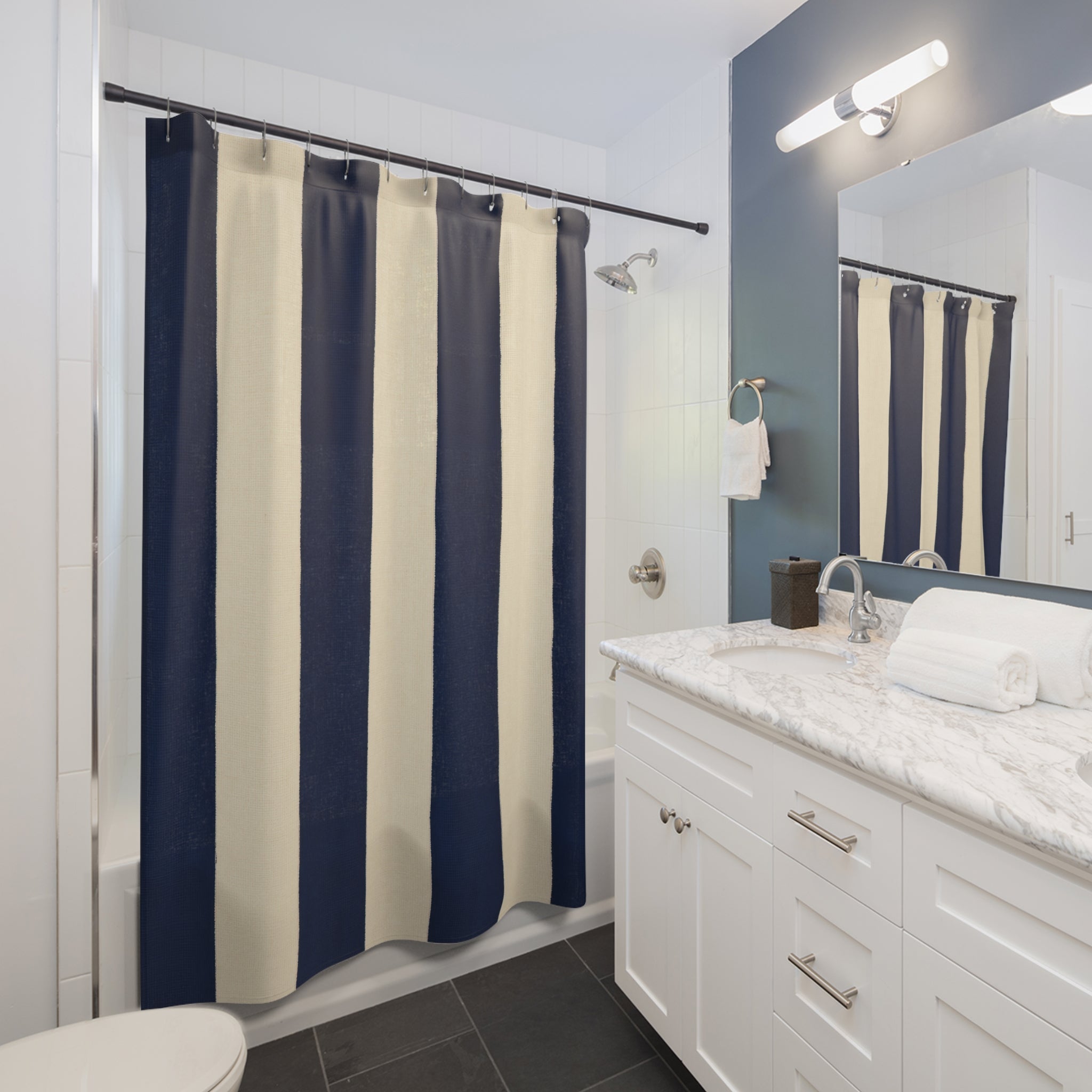 Navy Blue Cream Cabana Stripe Shower Curtain