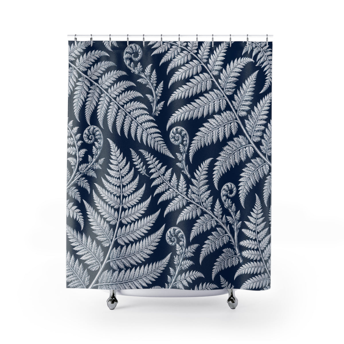 White fern fronds and curled fiddleheads on deep navy shower curtain with full front view