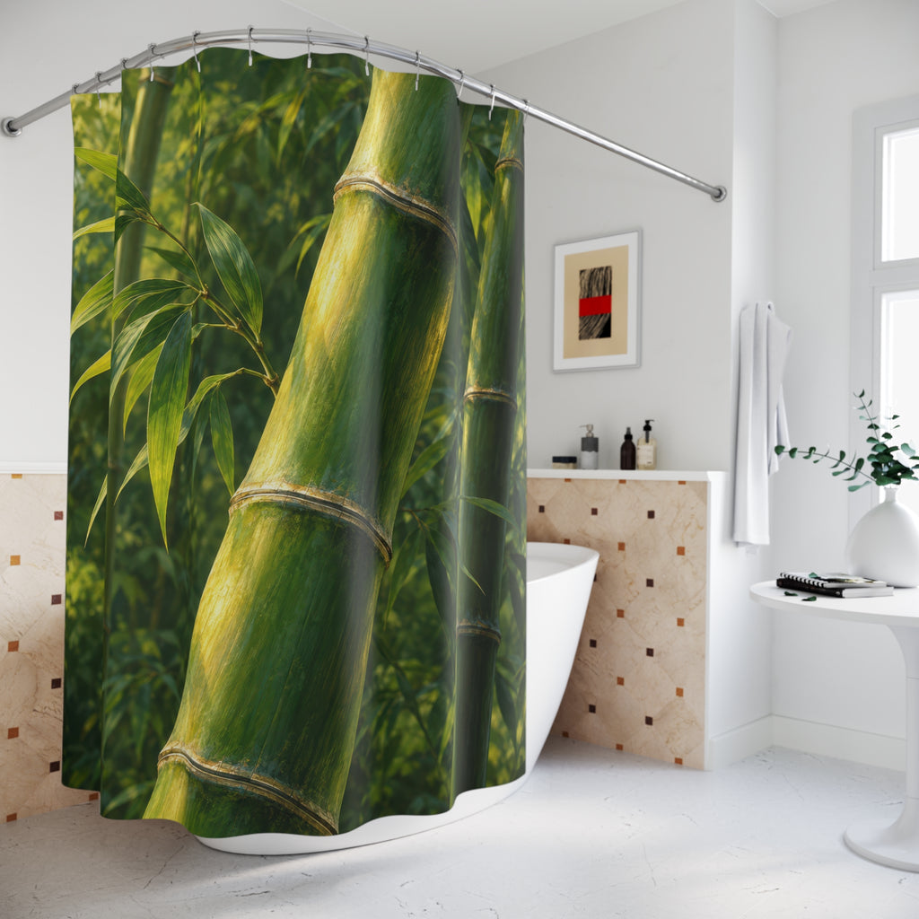 Sunlit jade bamboo stalk with green leaves shower curtain beside a freestanding tub