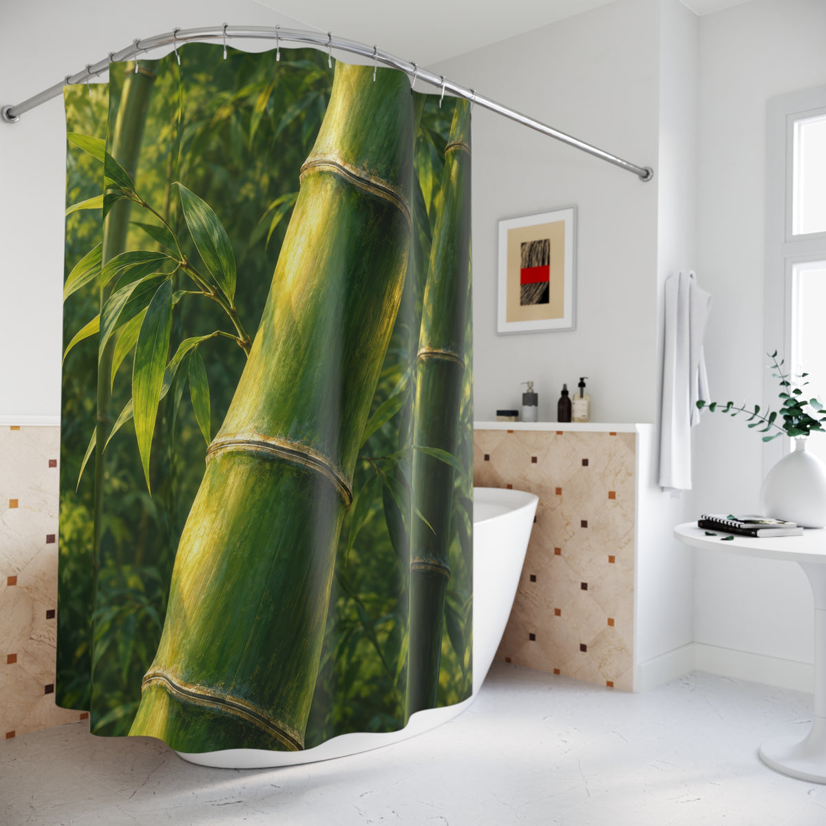 Sunlit jade bamboo stalk with green leaves shower curtain beside a freestanding tub
