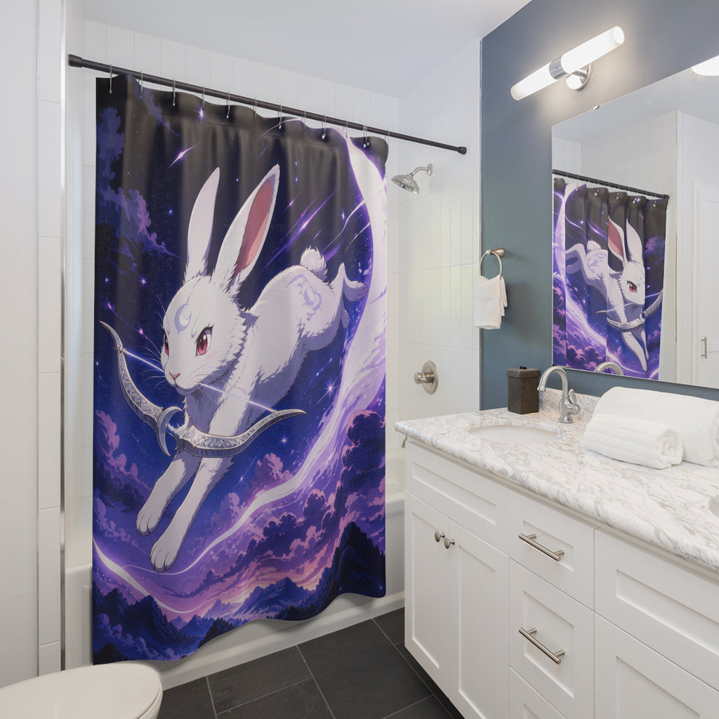 Moon rabbit archer leaping across a silver crescent shower curtain beside a white vanity
