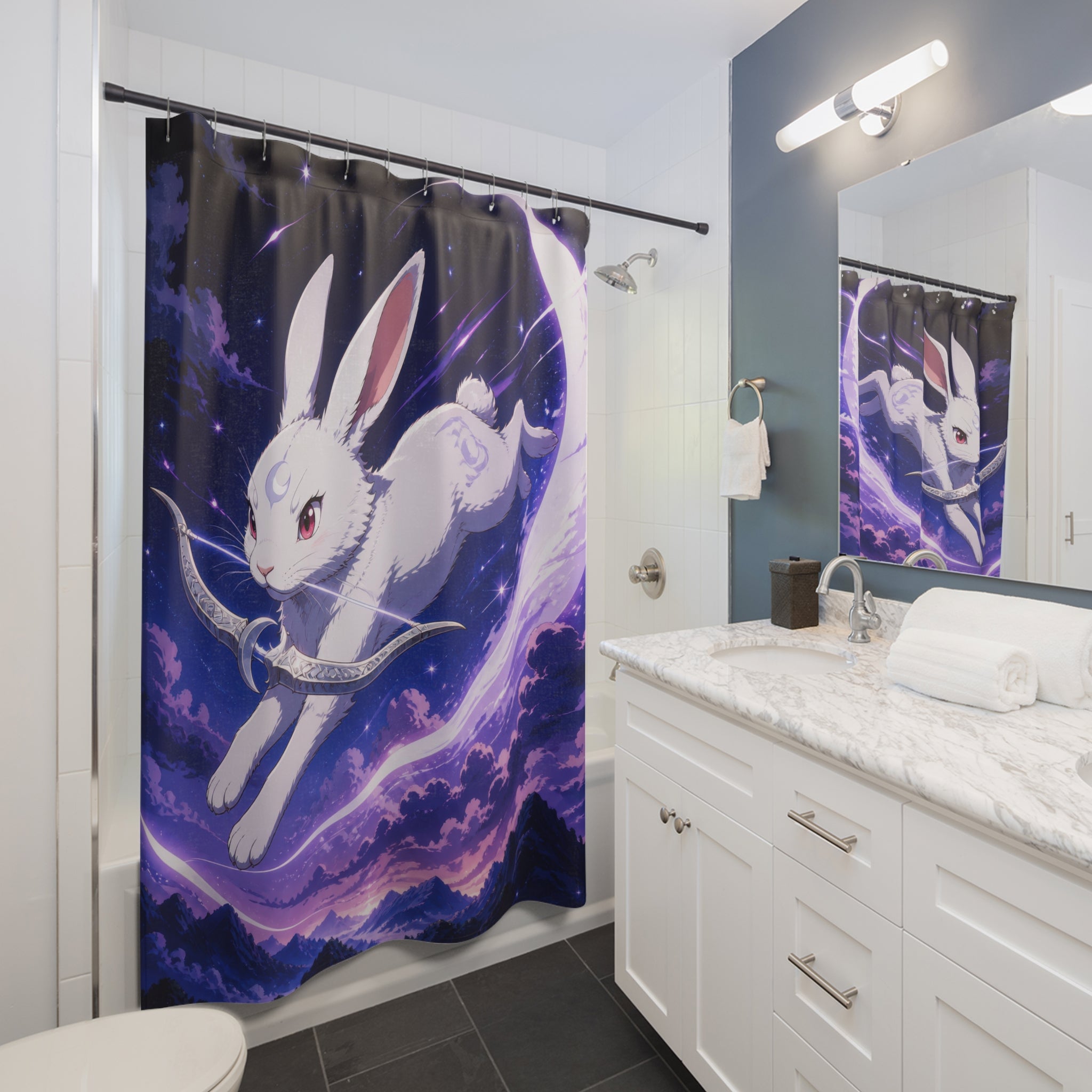 Moon rabbit archer leaping across a silver crescent shower curtain beside a white vanity