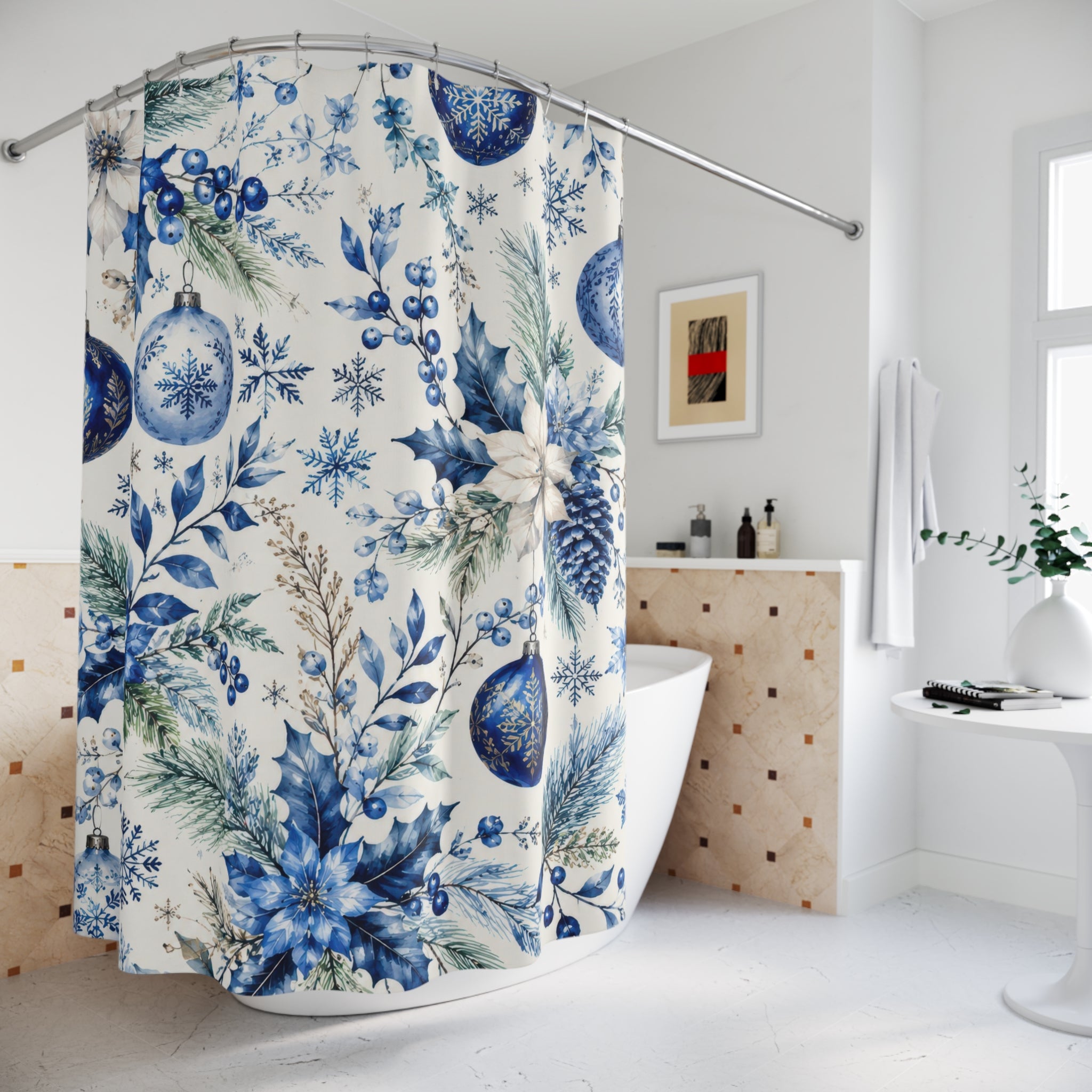 Christmas Blue Shower Curtain: Blue White Floral Holiday