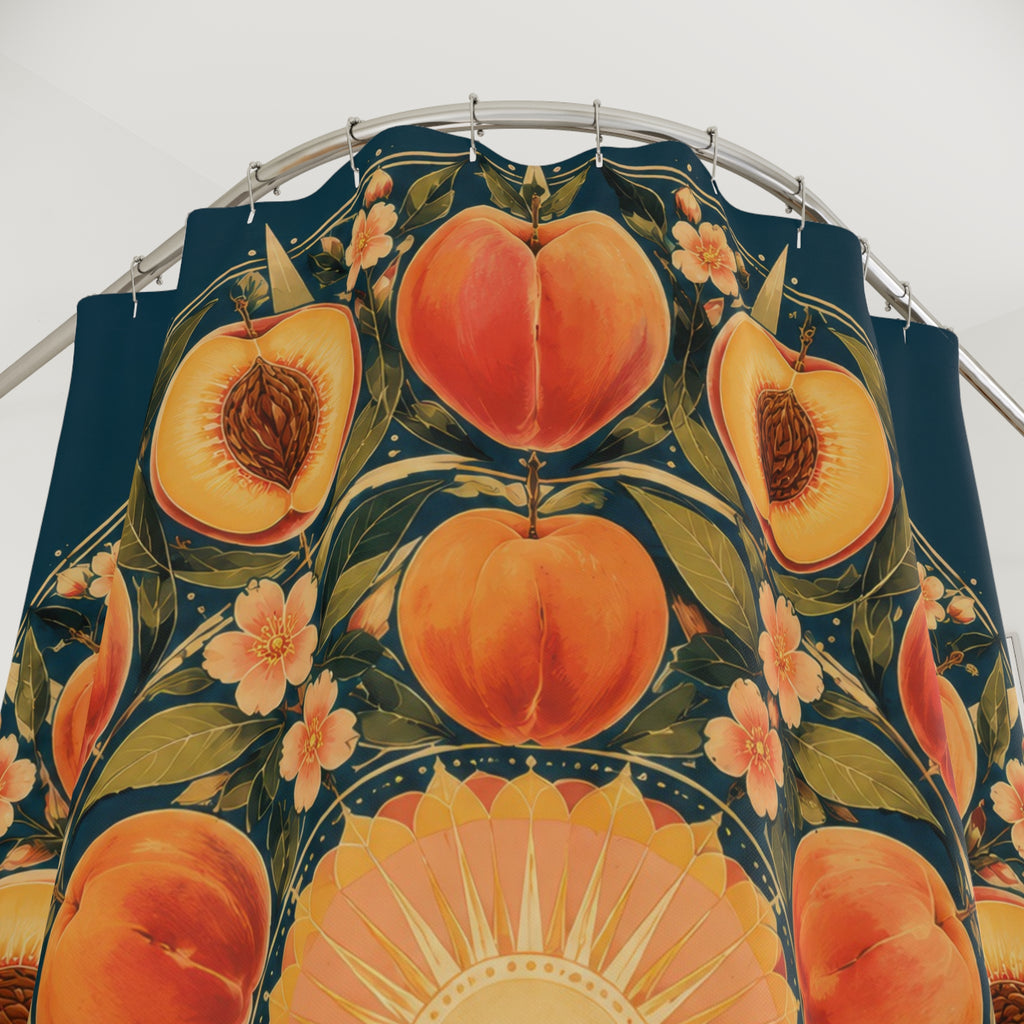 Peaches in a gold botanical medallion on teal shower curtain with close-up print, hooks, and folds