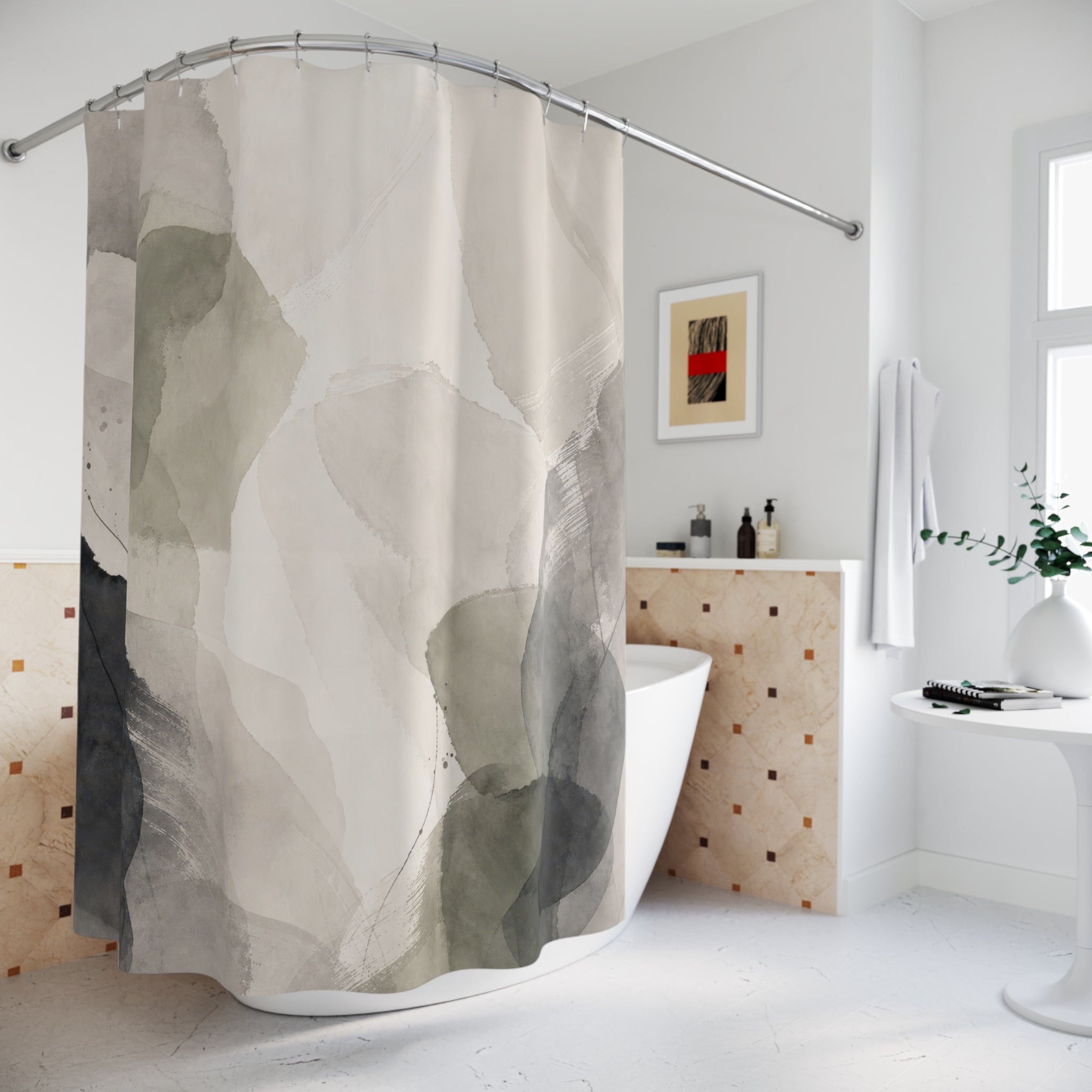 Black Beige Watercolor Stone Shower Curtain