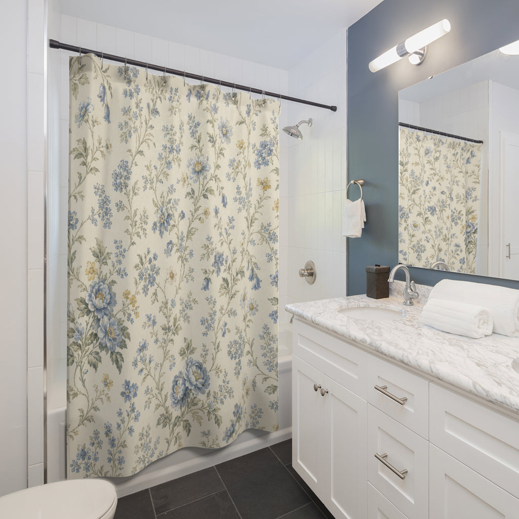 Vintage Cottage Blue Floral Shower Curtain
