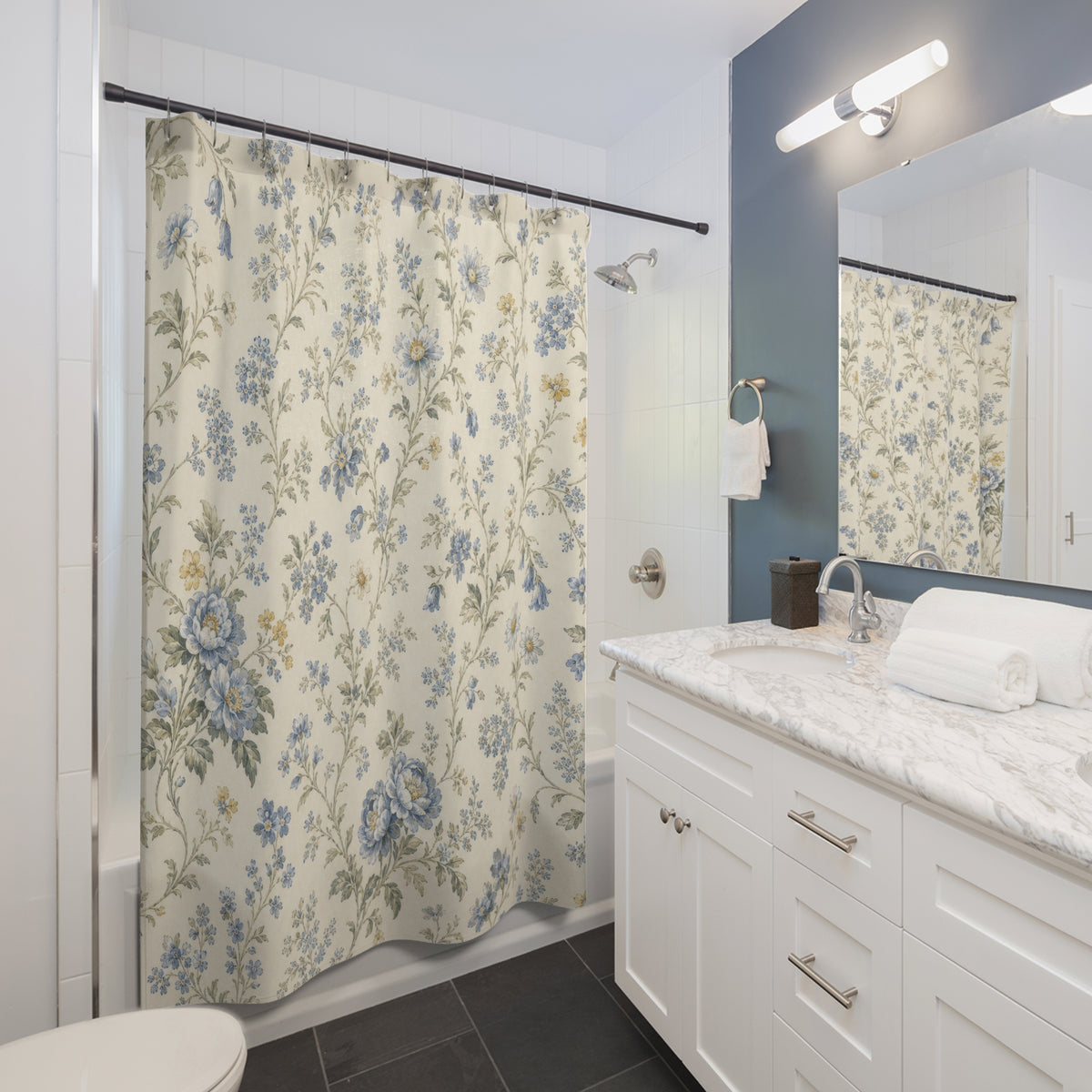 Vintage Cottage Blue Floral Shower Curtain