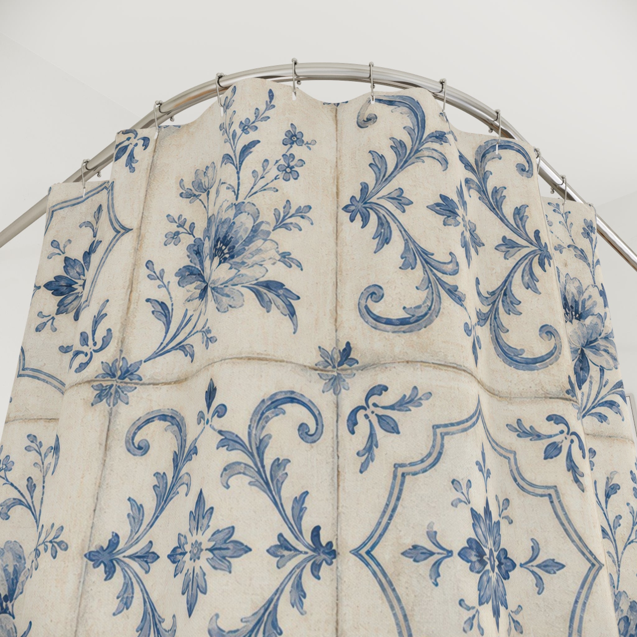 Blue White Floral Tile Shower Curtain